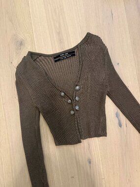 Silence + Noise Ribbed Cropped Cardigan Olive Brown Silver Crest Buttons XS